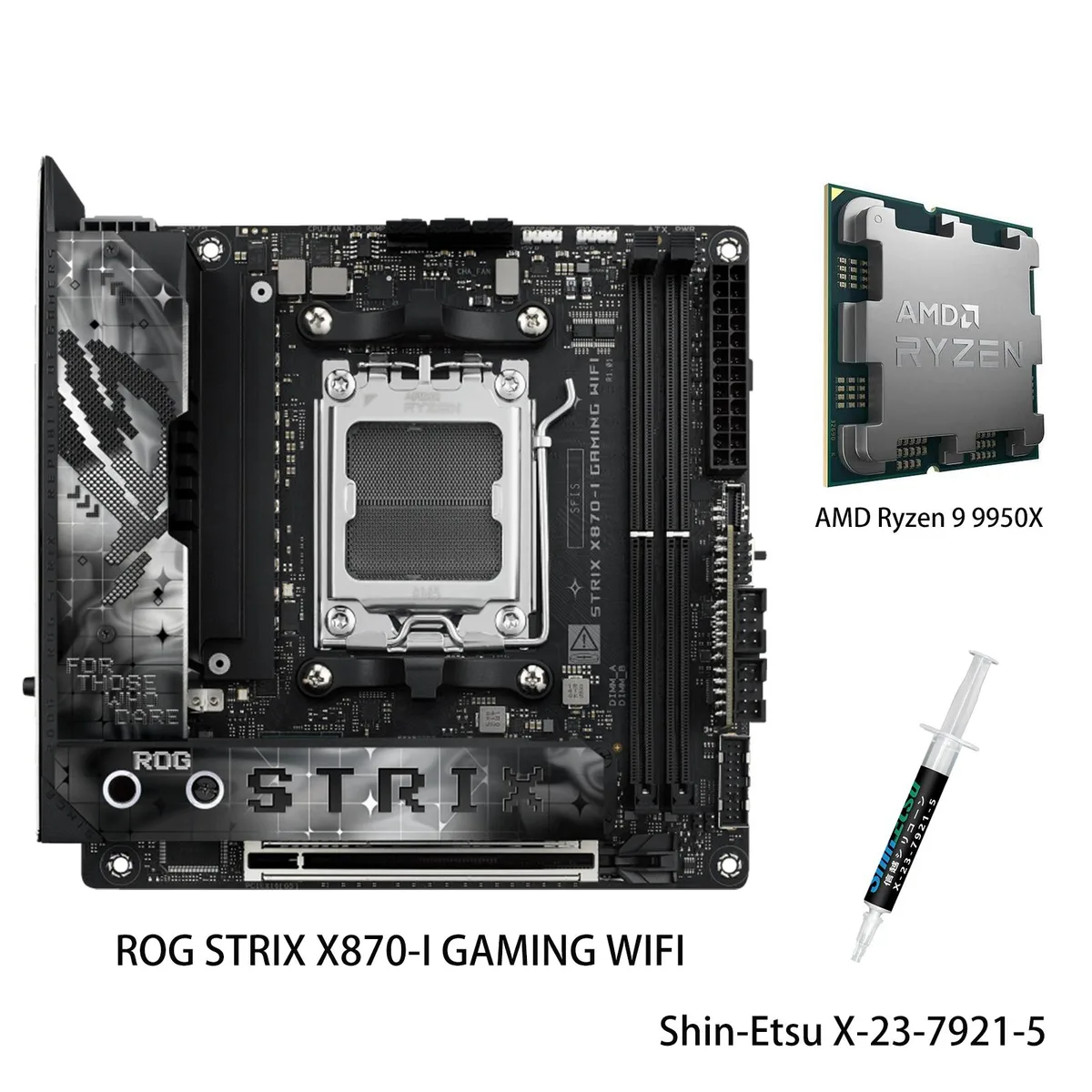 Compact black Mini-ITX motherboard with silver heatsinks and installed Ryzen 9 9950X CPU