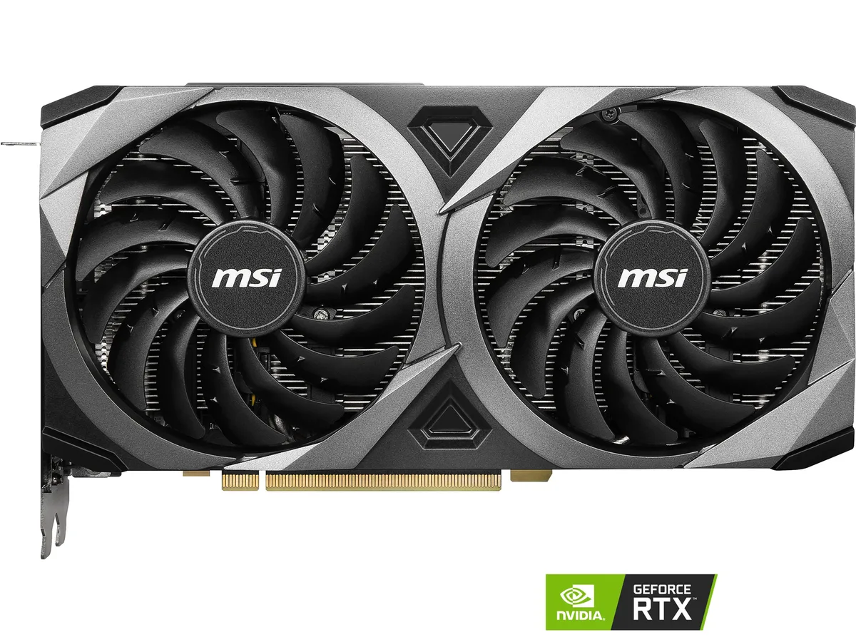 Black dual-fan graphics card with silver accents and backplate