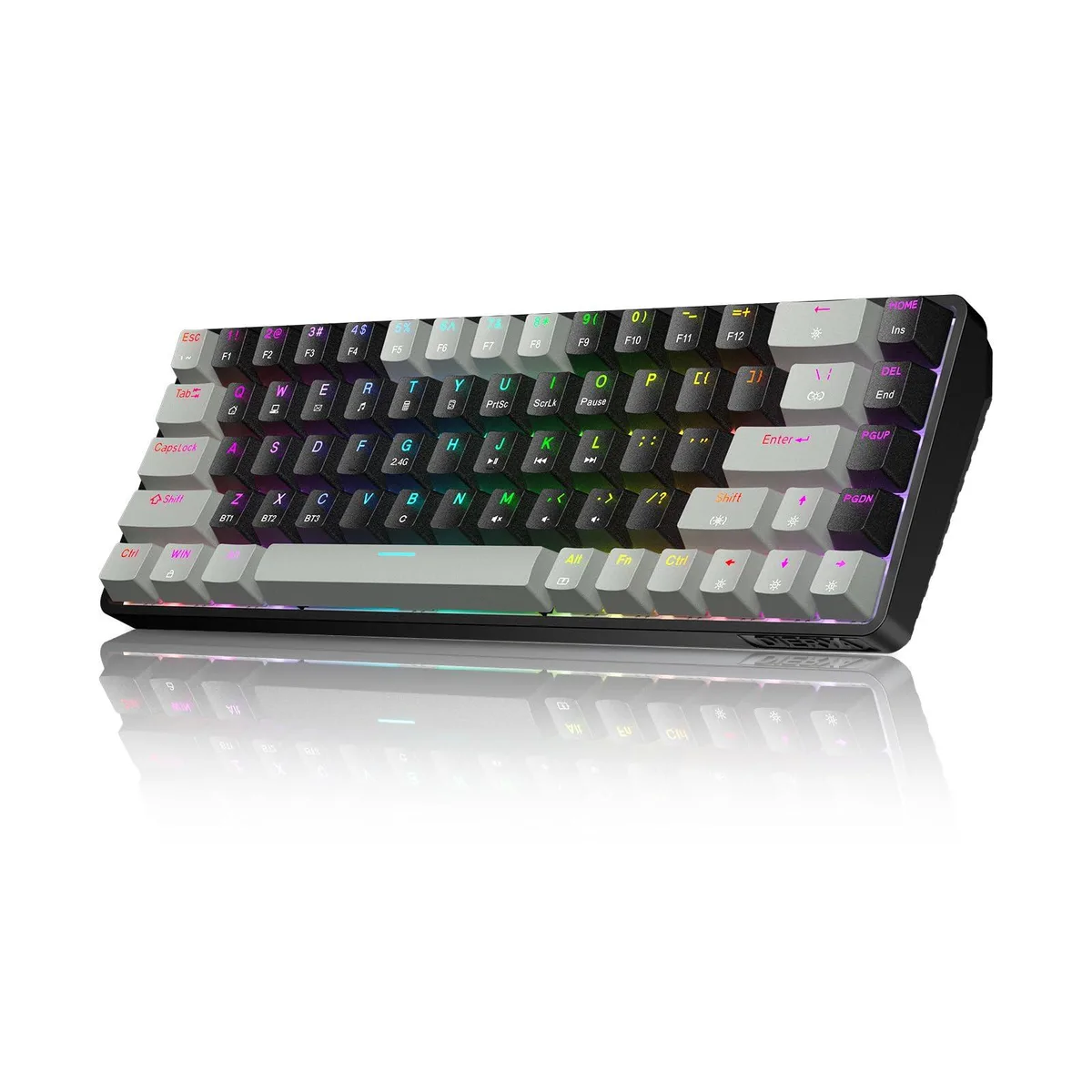 Compact 68-key mechanical keyboard in grey and black with RGB lighting