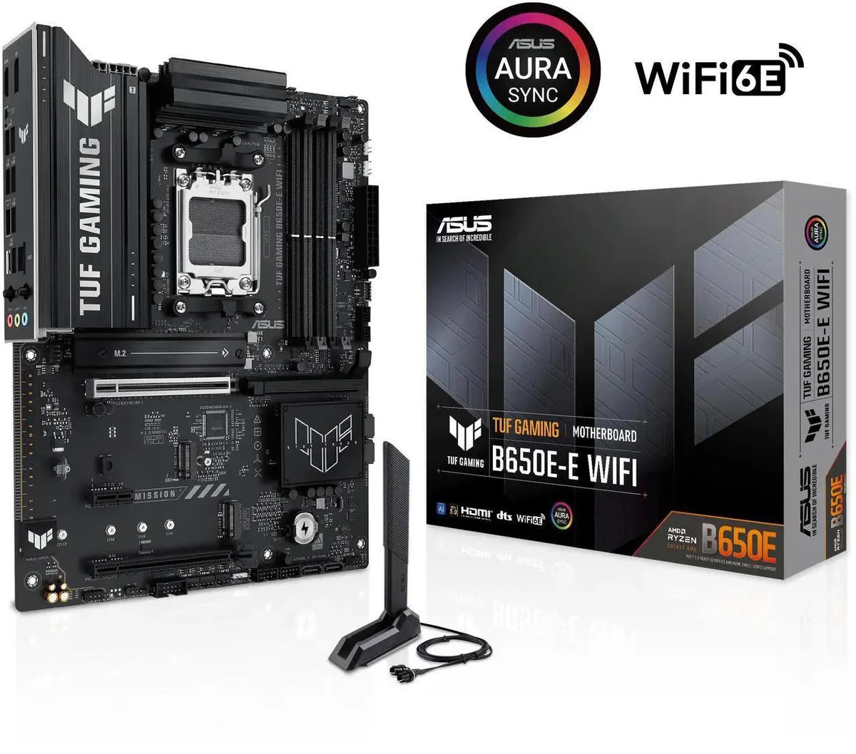 ATX motherboard with large silver VRM heatsinks and black PCB