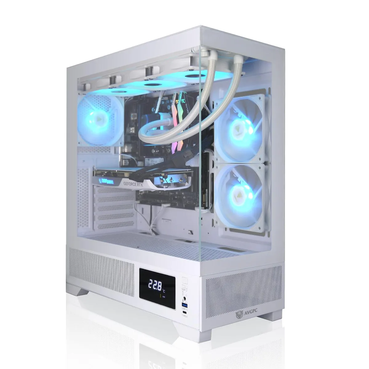 White mid-tower gaming desktop with tempered glass side panel and 360mm liquid cooler