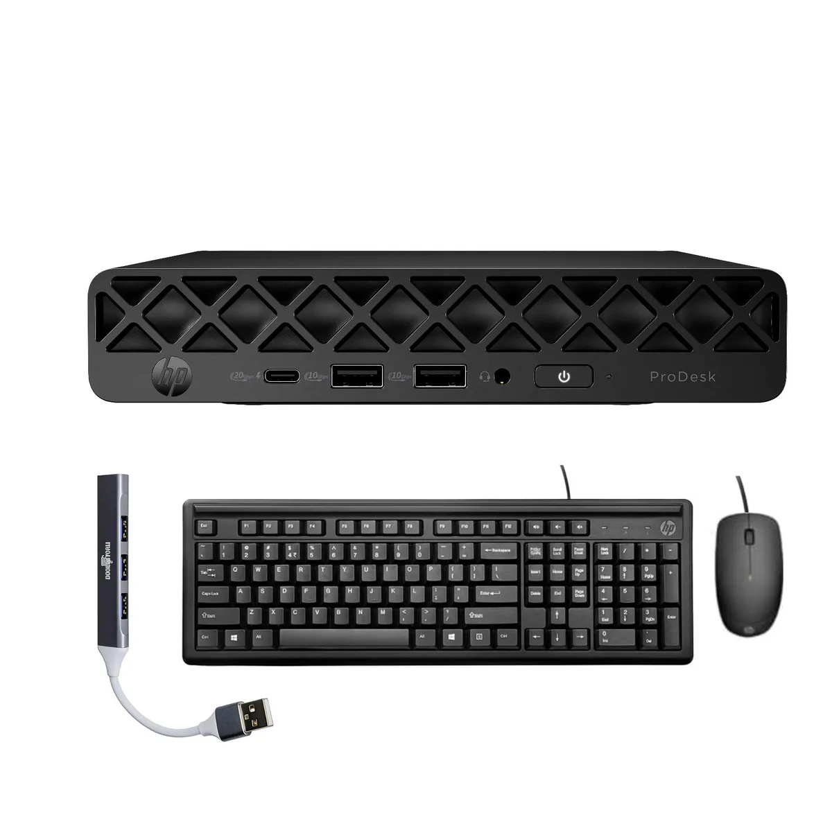 Small black square mini desktop with wired keyboard and mouse