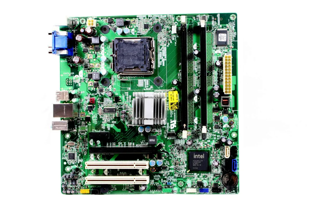 Rectangular green Dell motherboard with silver LGA 775 socket and black expansion slots
