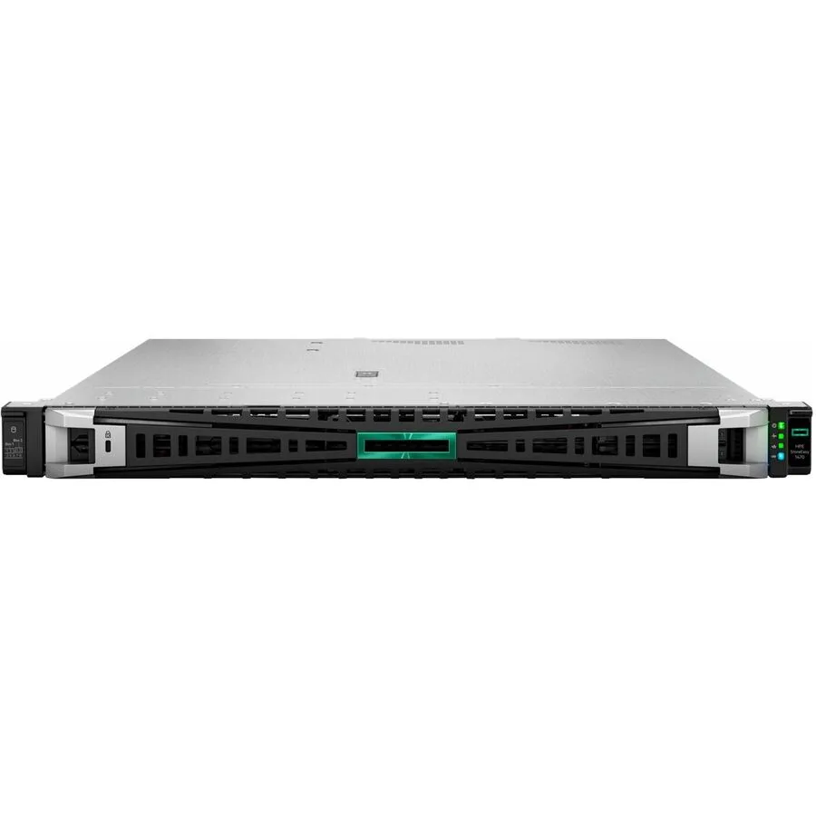 Silver 1U rack server with front drive bays and HPE badge