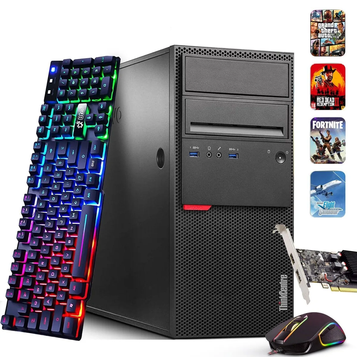 Black tower desktop with wired keyboard and mouse