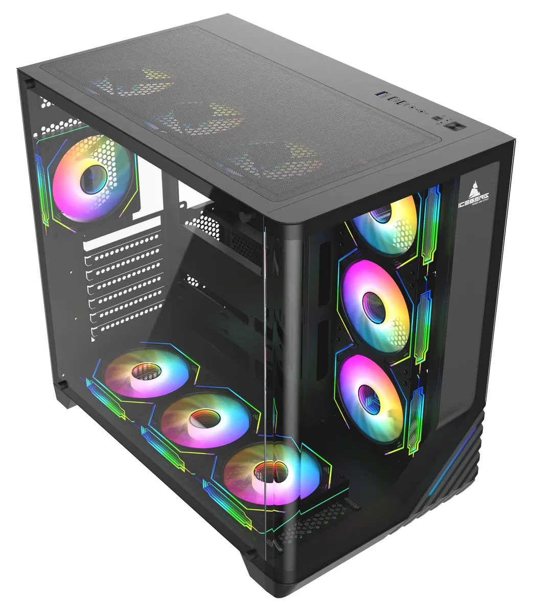 Black ATX cube case with three curved tempered glass panels, seven aRGB fans, rear-mounted 650W PSU