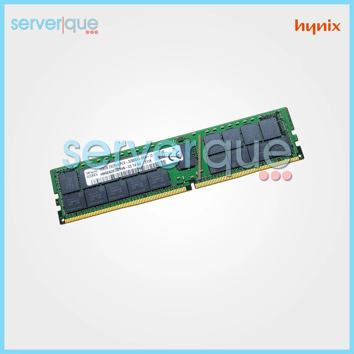 Green rectangular DDR4 server memory module with gold edge connector and black memory chips