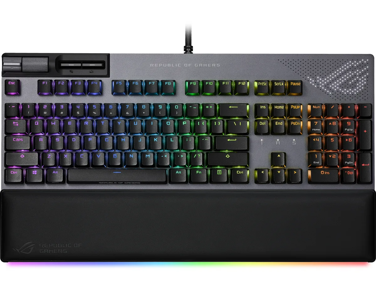 Full-size mechanical keyboard in gunmetal with AniMe Matrix display and detachable wrist rest
