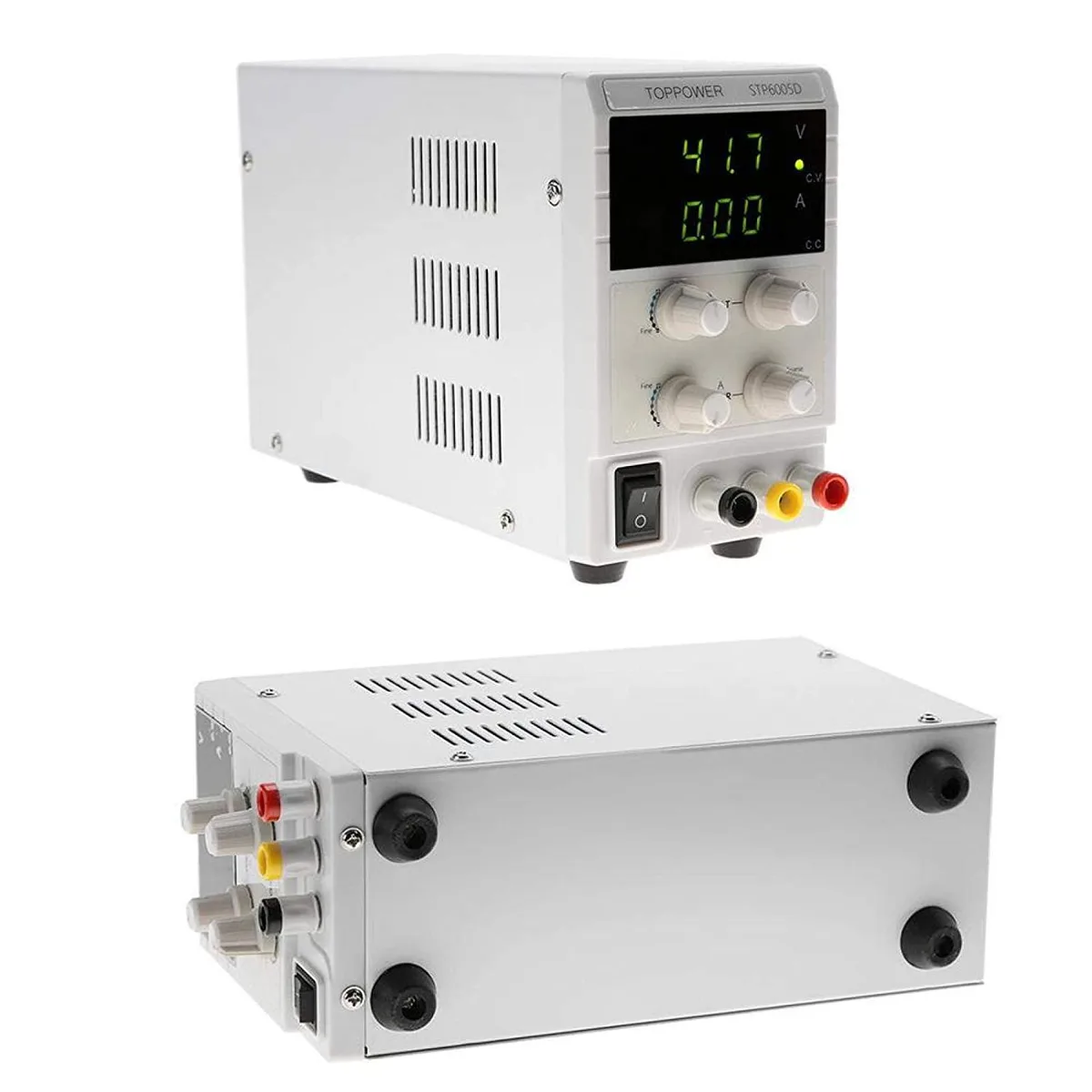 Rectangular bench power supply, dark metal case, dual digital displays, front knobs and terminals