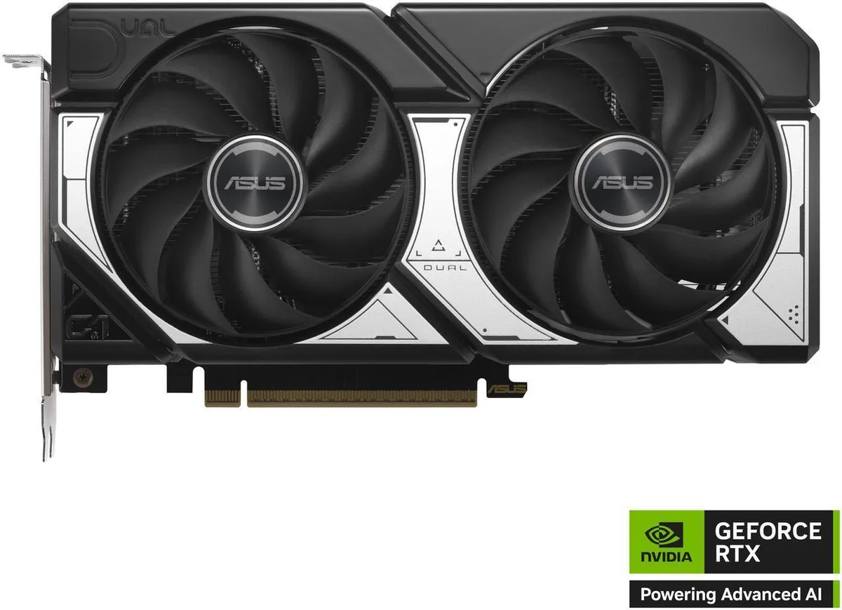 Black dual-fan graphics card with silver accents and exposed heatsink fins
