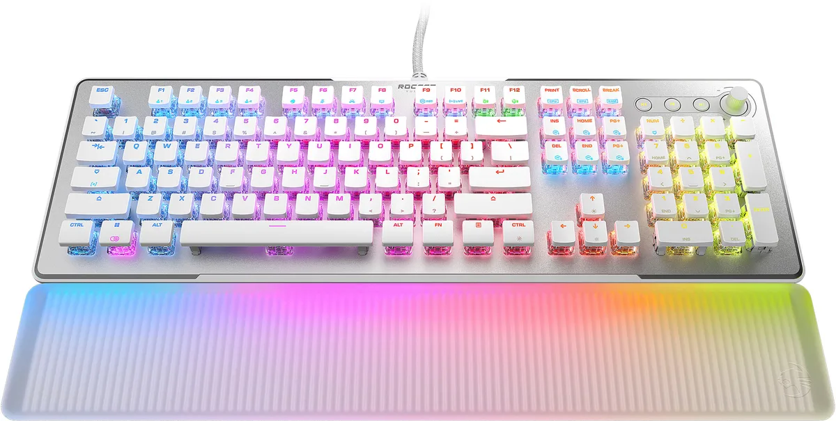 White full-size wired gaming keyboard with aluminium top plate, RGB lighting and detachable translucent palm rest