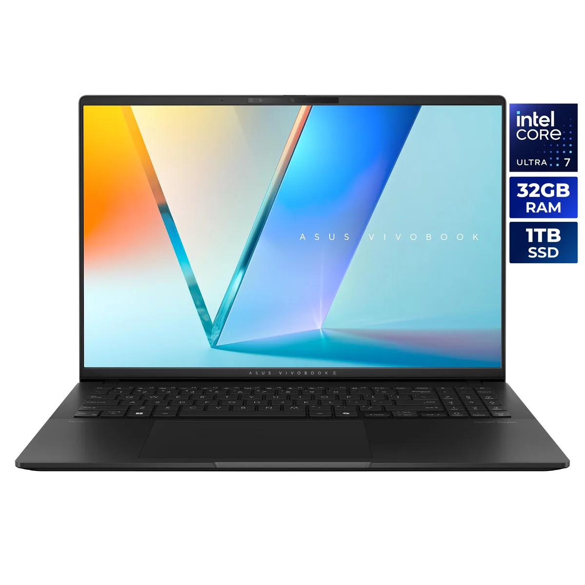 Neutral Black Vivobook S16 laptop, thin metal chassis, 16 inch OLED screen, 180 degree hinge