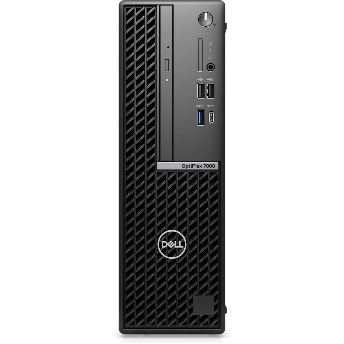 Grey small-form-factor desktop tower on a plain background
