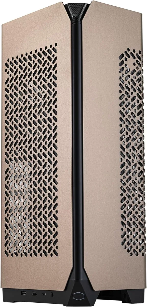 Bronze ITX tower case with triple-fan RTX 4080 graphics card visible