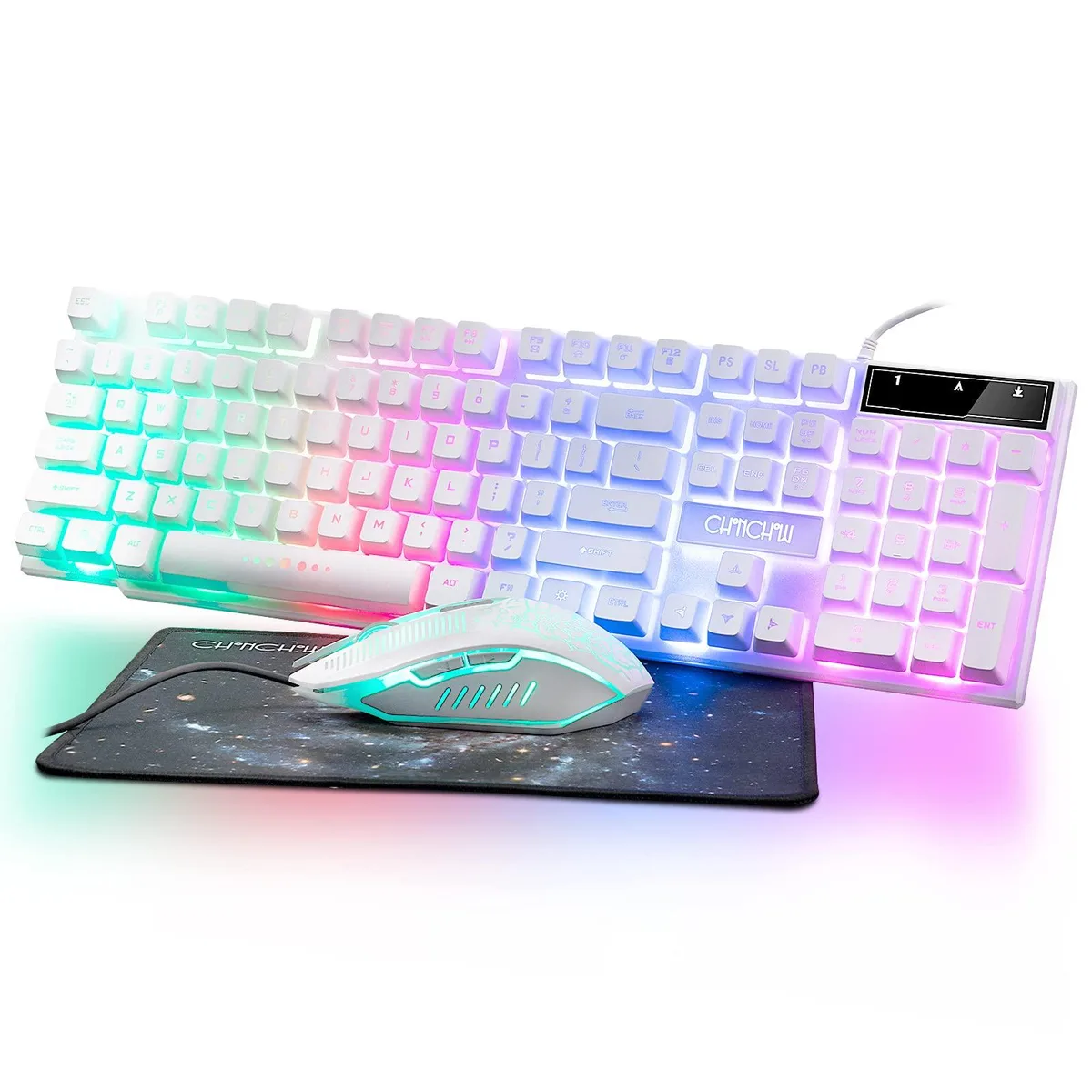White 104-key wired keyboard with rainbow backlight and integrated wrist rest beside a black 6-button gaming mouse with adjustable DPI