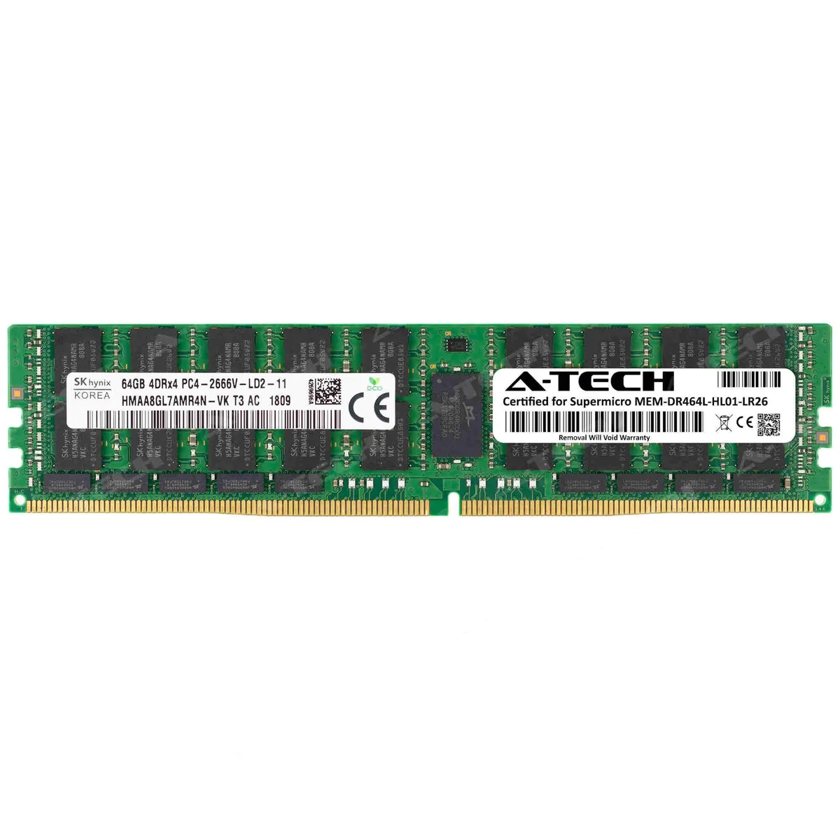 Green printed circuit board with black memory chips and gold edge connectors