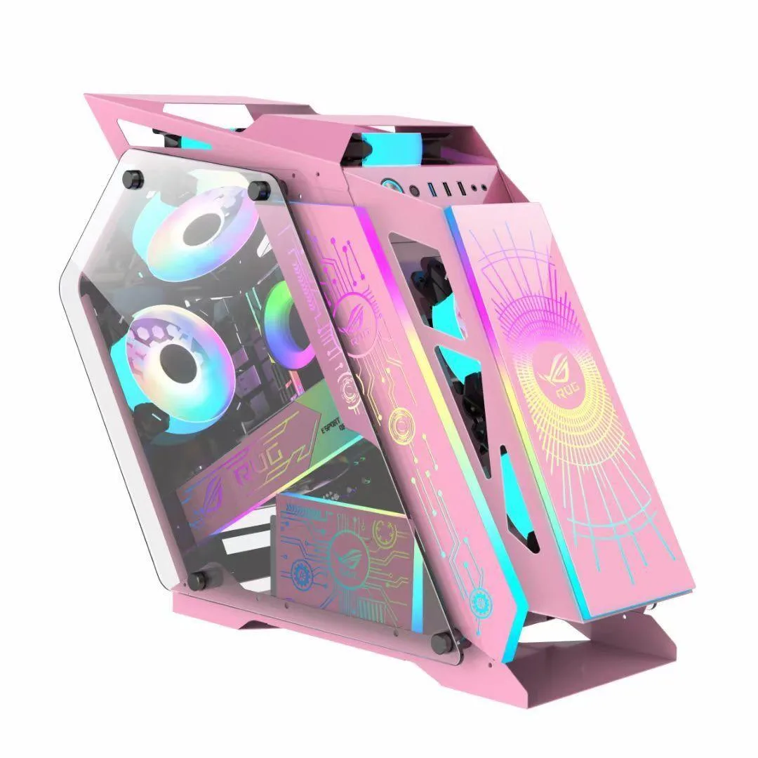 Pink micro-ATX tower with tempered glass side panel and six 120mm fans