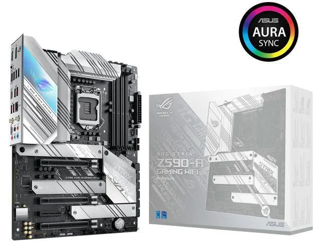 White ATX motherboard with silver heatsinks and RGB lighting