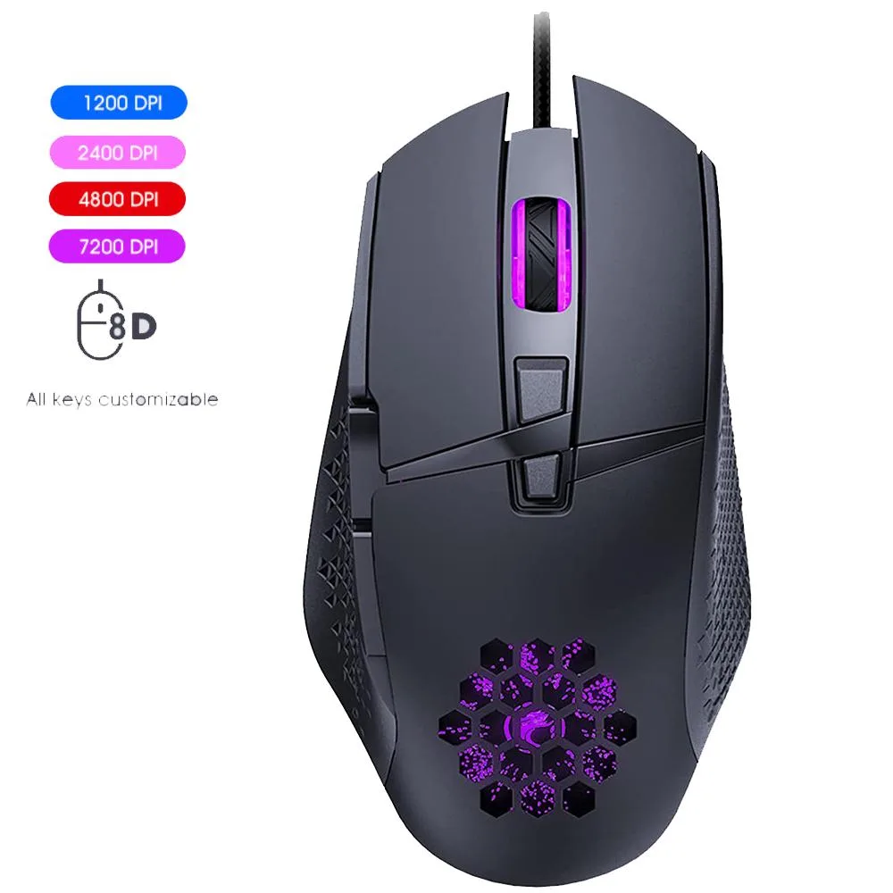 Black wired gaming mouse with honeycomb shell and RGB lighting, USB cable attached