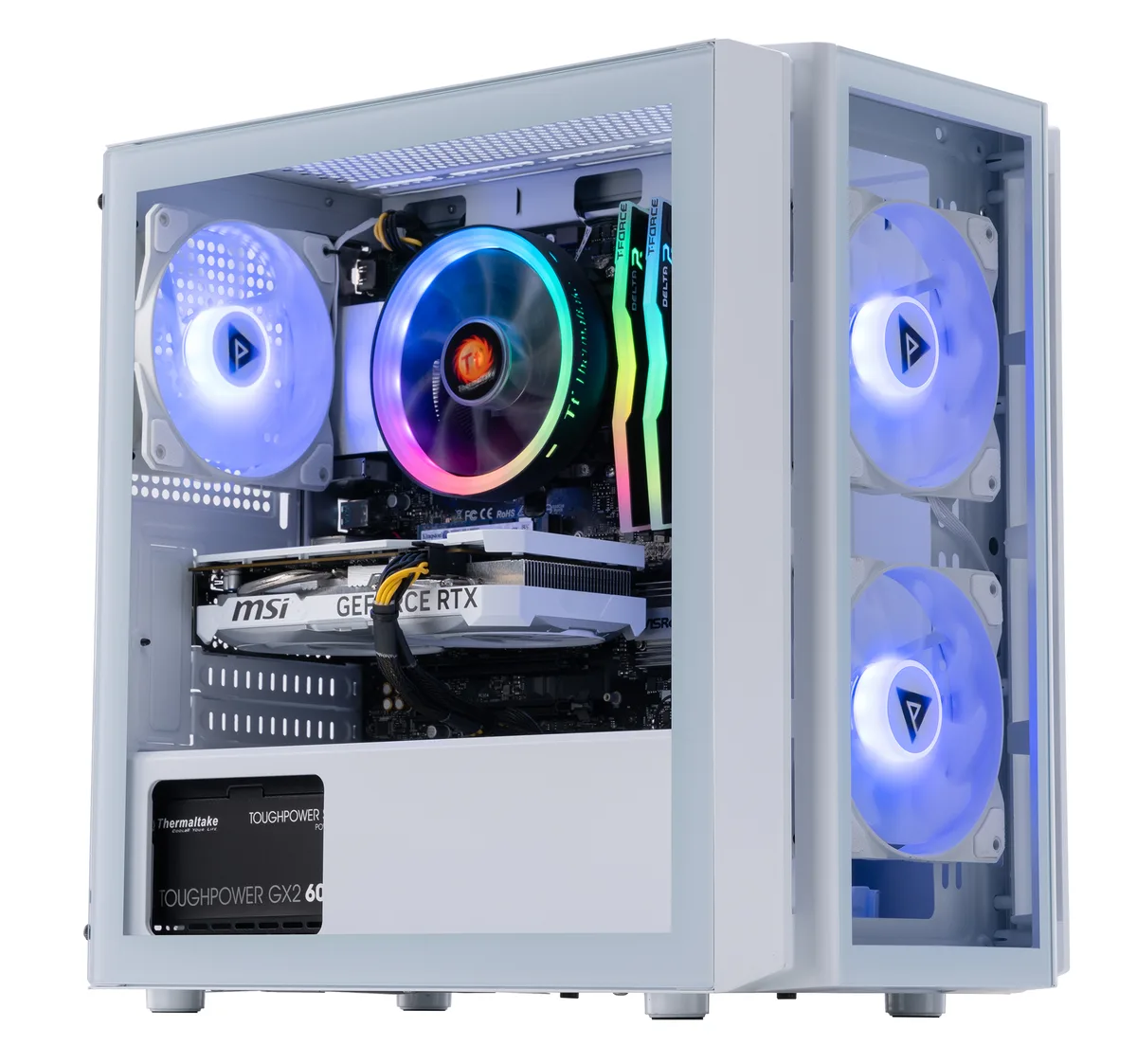 White mid-tower gaming desktop with RGB lighting