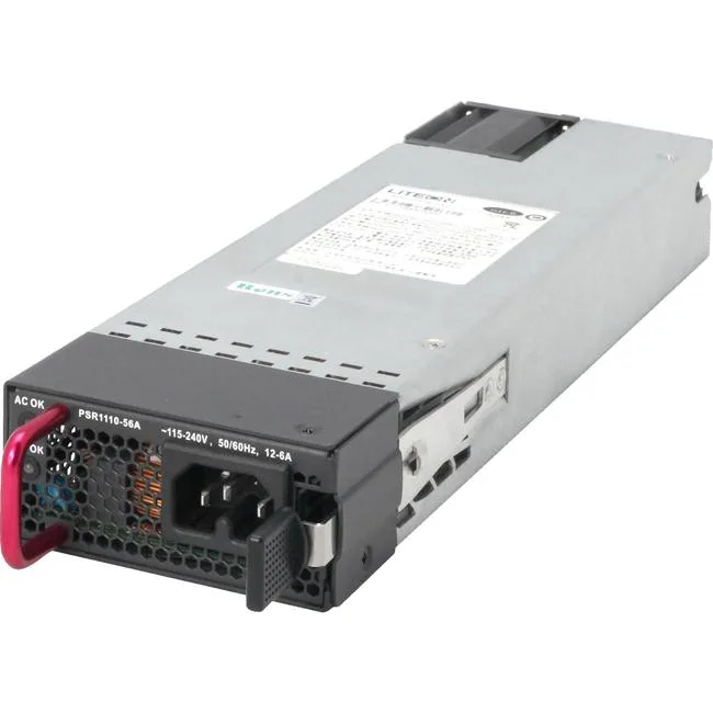 Rectangular silver power supply unit with side ventilation slots and rear connector panel