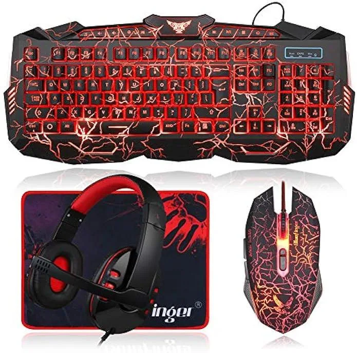 Black full-size keyboard with red LED backlighting, matching mouse and headset with red accents, cloth mouse pad
