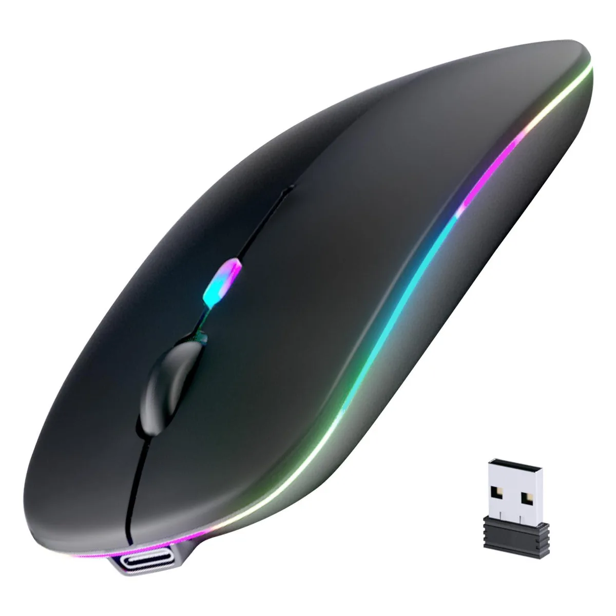 Black ambidextrous gaming mouse with four buttons and breathing LED lights