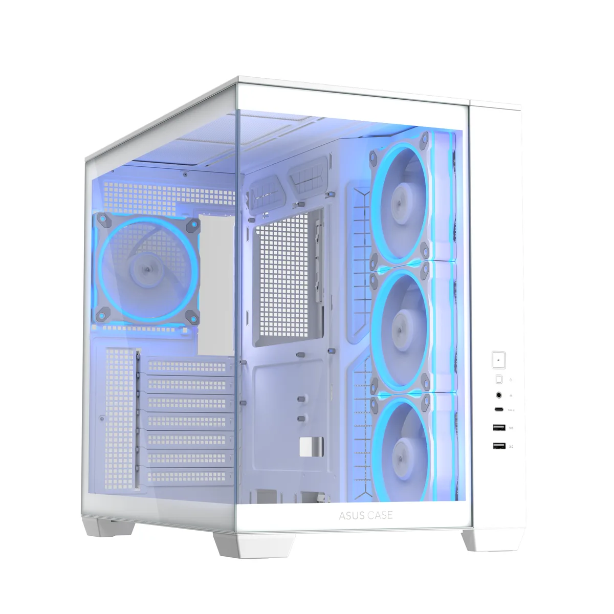 White mid-tower PC case with front and side tempered glass panels, four pre-installed ARGB fans visible inside