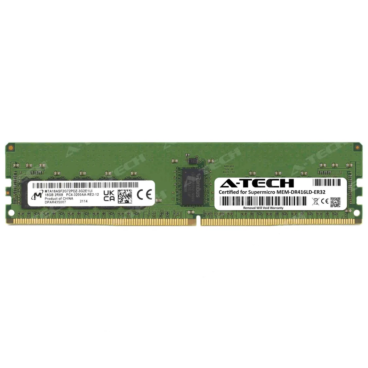 Green 288-pin DDR4 RDIMM module with black chips and silver heatsink