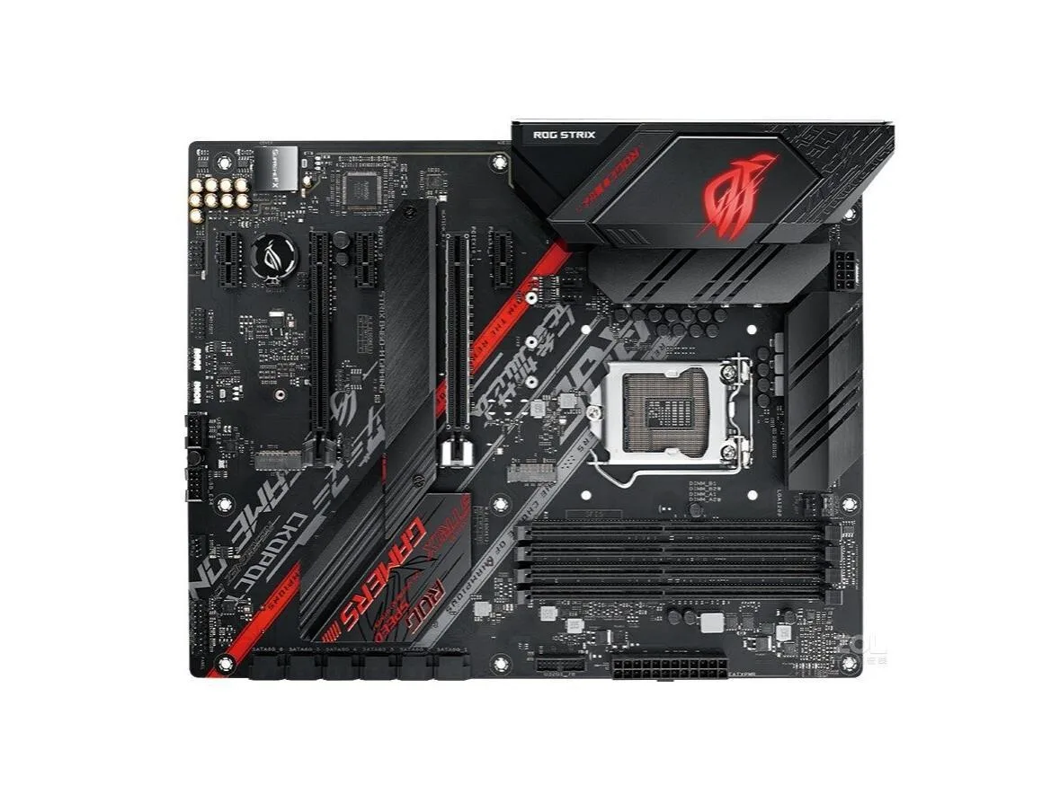 Black ATX motherboard with silver heatsinks and ROG branding