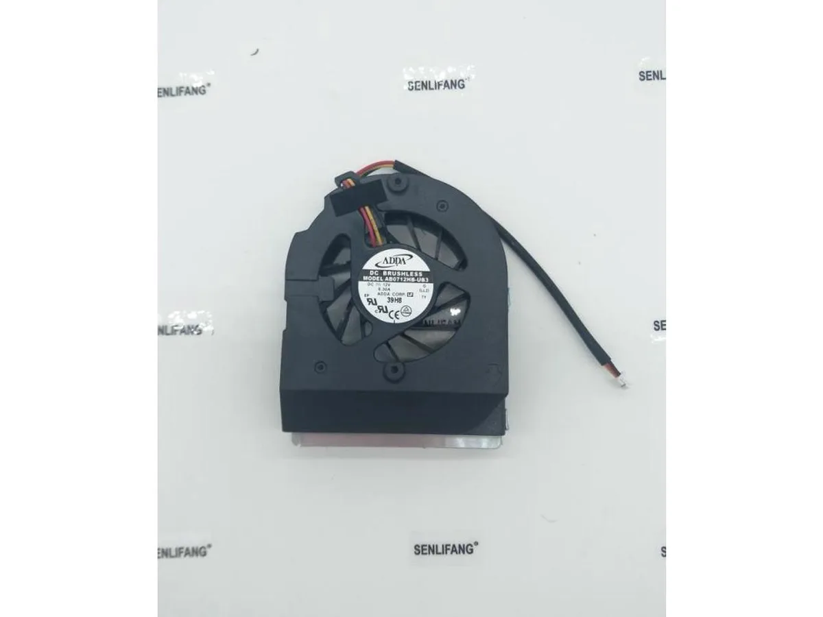 Small square notebook CPU fan with black plastic frame and three-wire connector