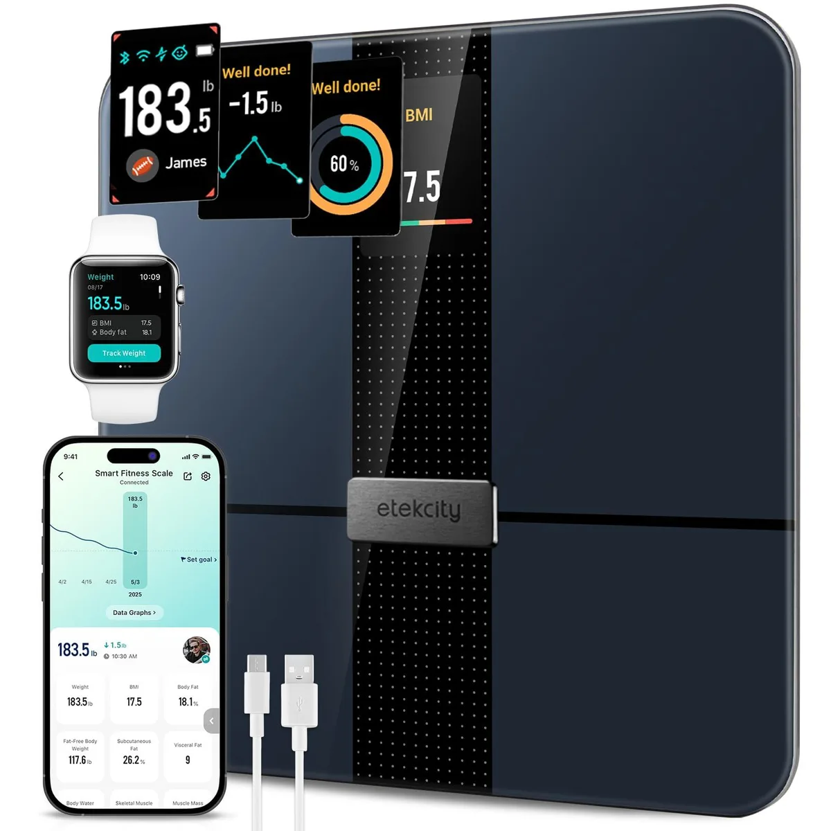  Etekcity EFS-A591S-KUS Smart Bath Scale Black 400lb 14 Metrics Wi-Fi TFT 11.8in 1.1in 1.919kg — foto del prodotto