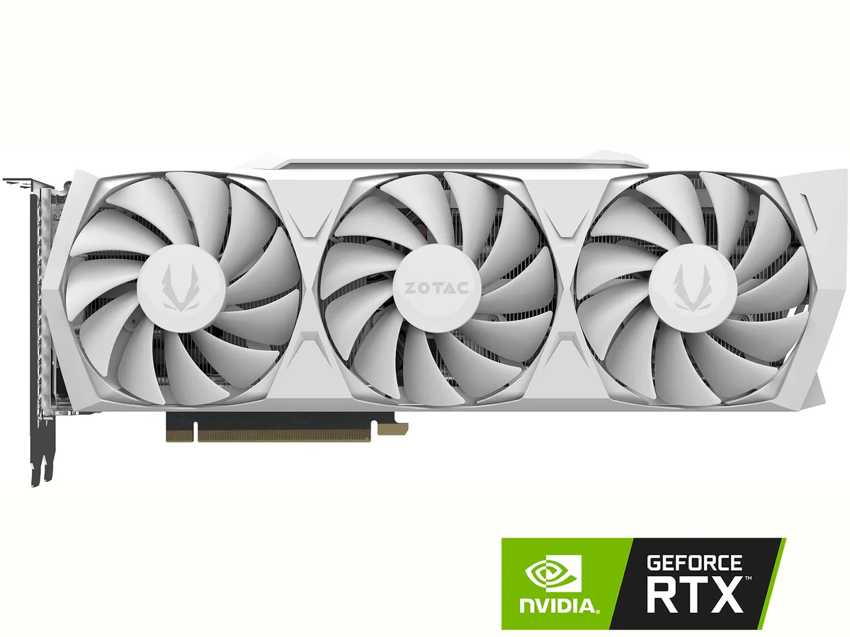 White graphics card with triple fans and metal frontplate