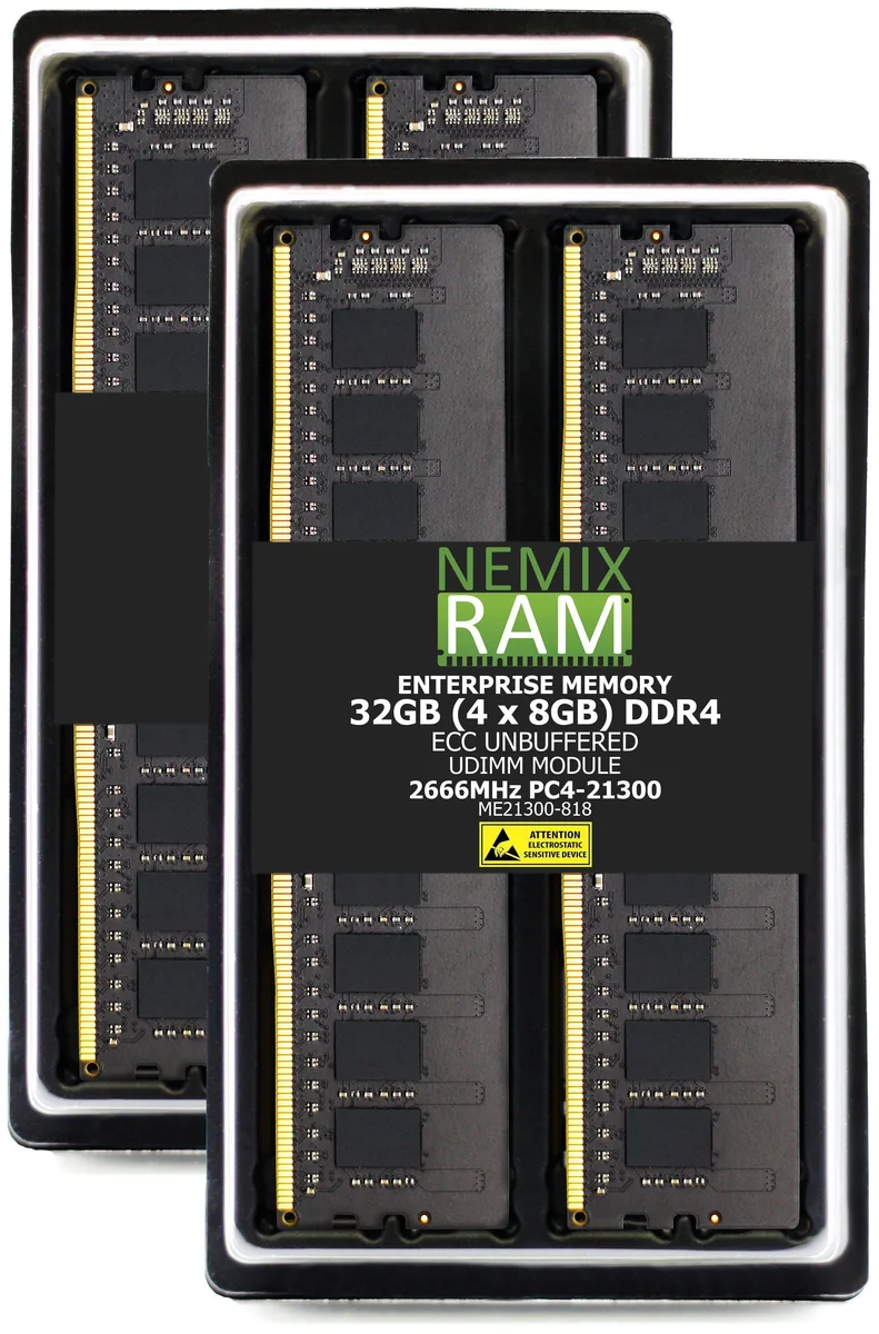 Four green DDR4 ECC UDIMM modules in silver static bags