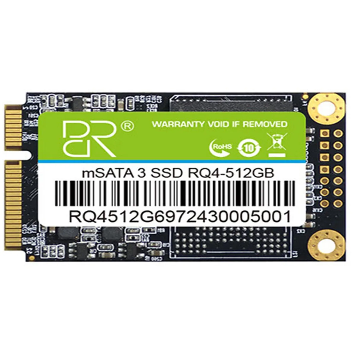 Green mSATA internal SSD, compact rectangular circuit board with gold edge connector