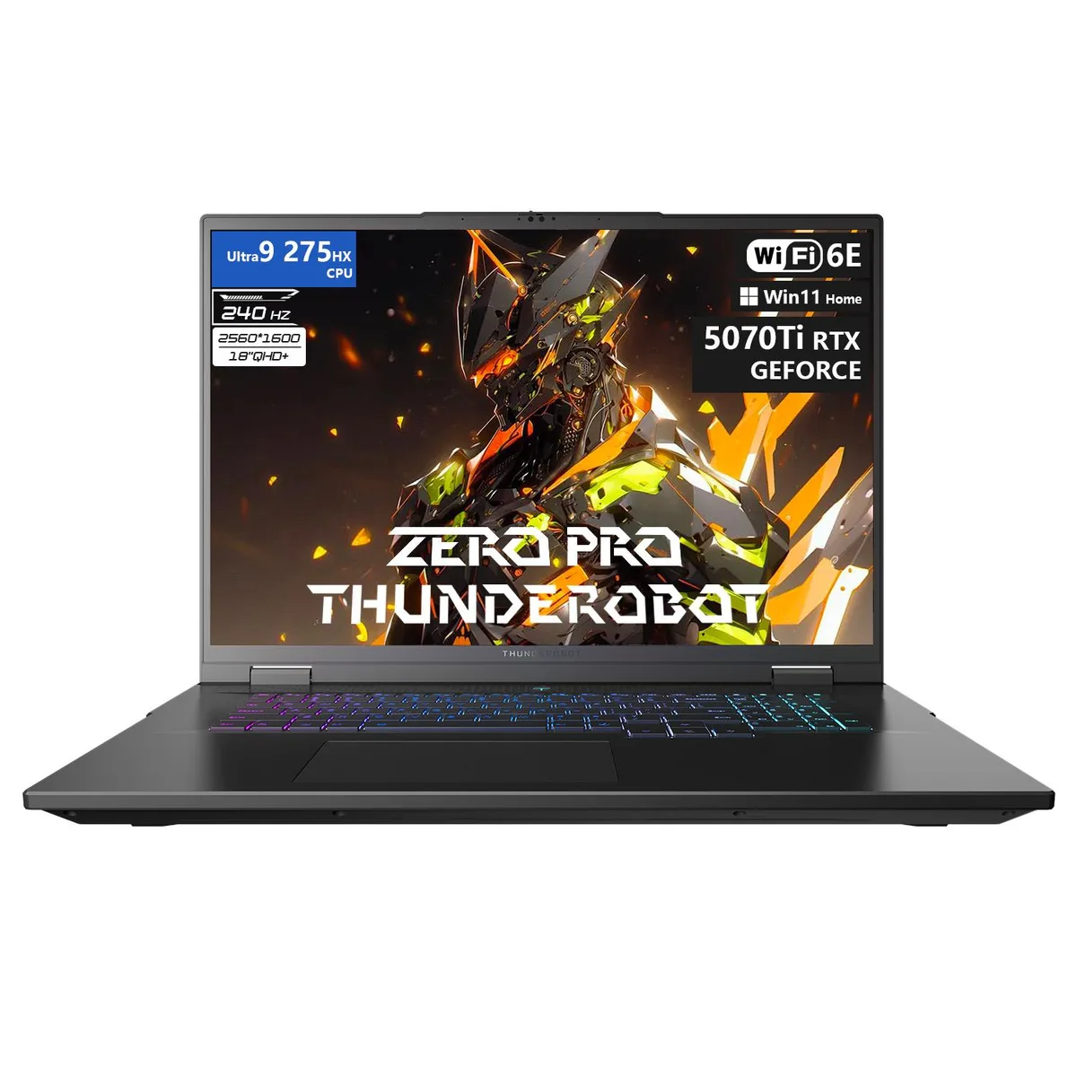 Black 18 inch gaming laptop with thin bezels and RGB backlit keyboard