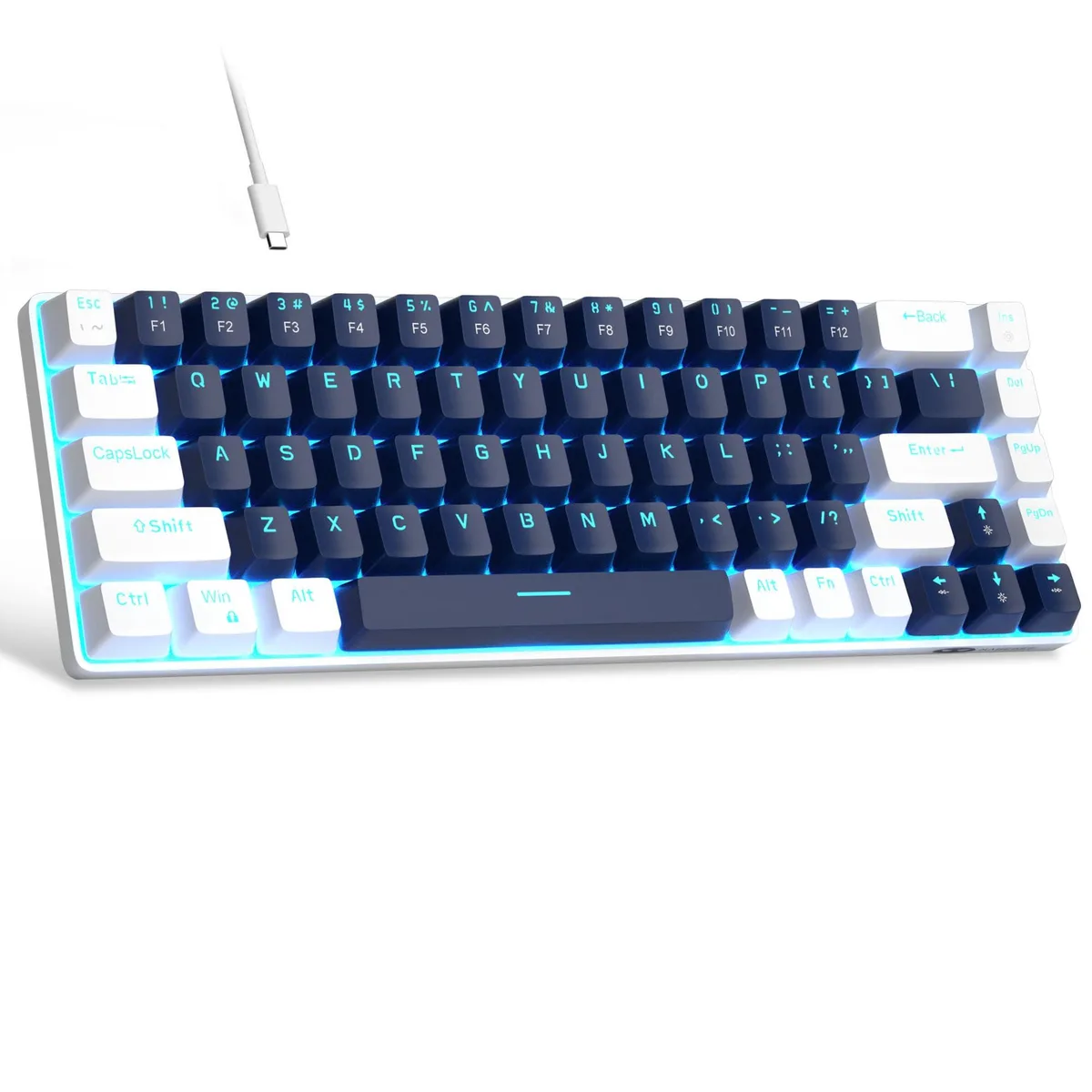 Compact 68-key mechanical keyboard in blue and white with detachable USB-C cable