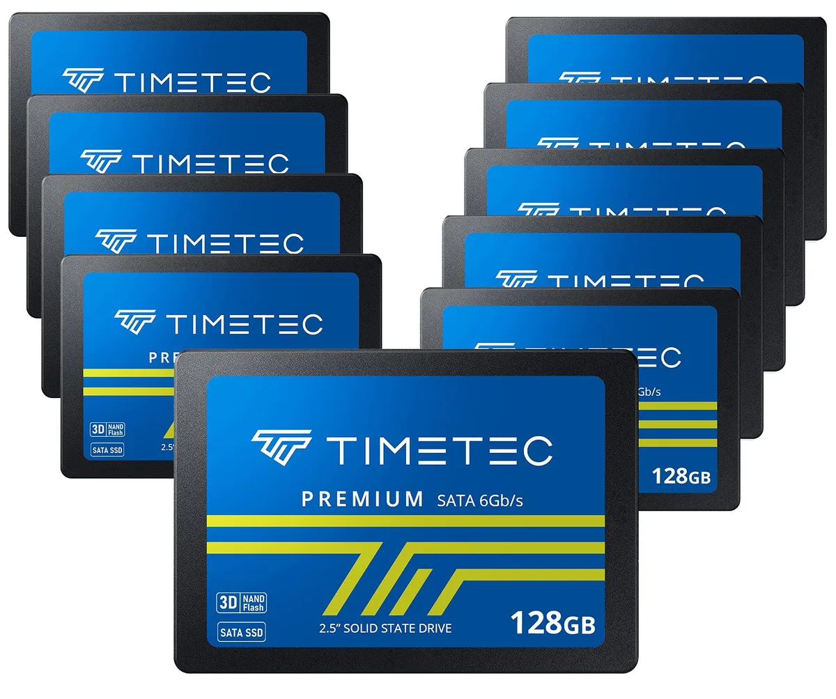 Ten silver 2.5 inch SATA SSDs in a row