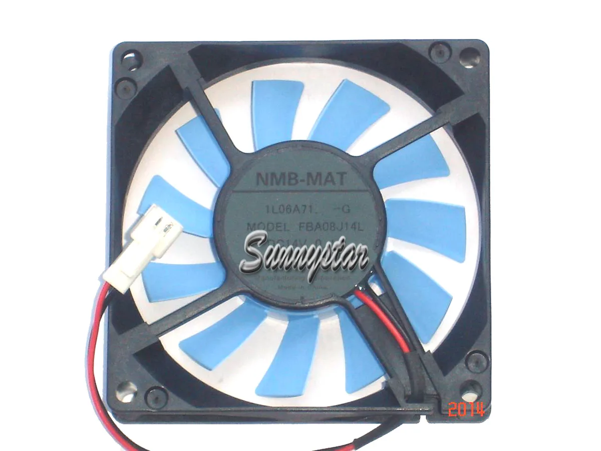 Square 80mm two-tone fan with black frame and transparent blades, two-pin connector visible