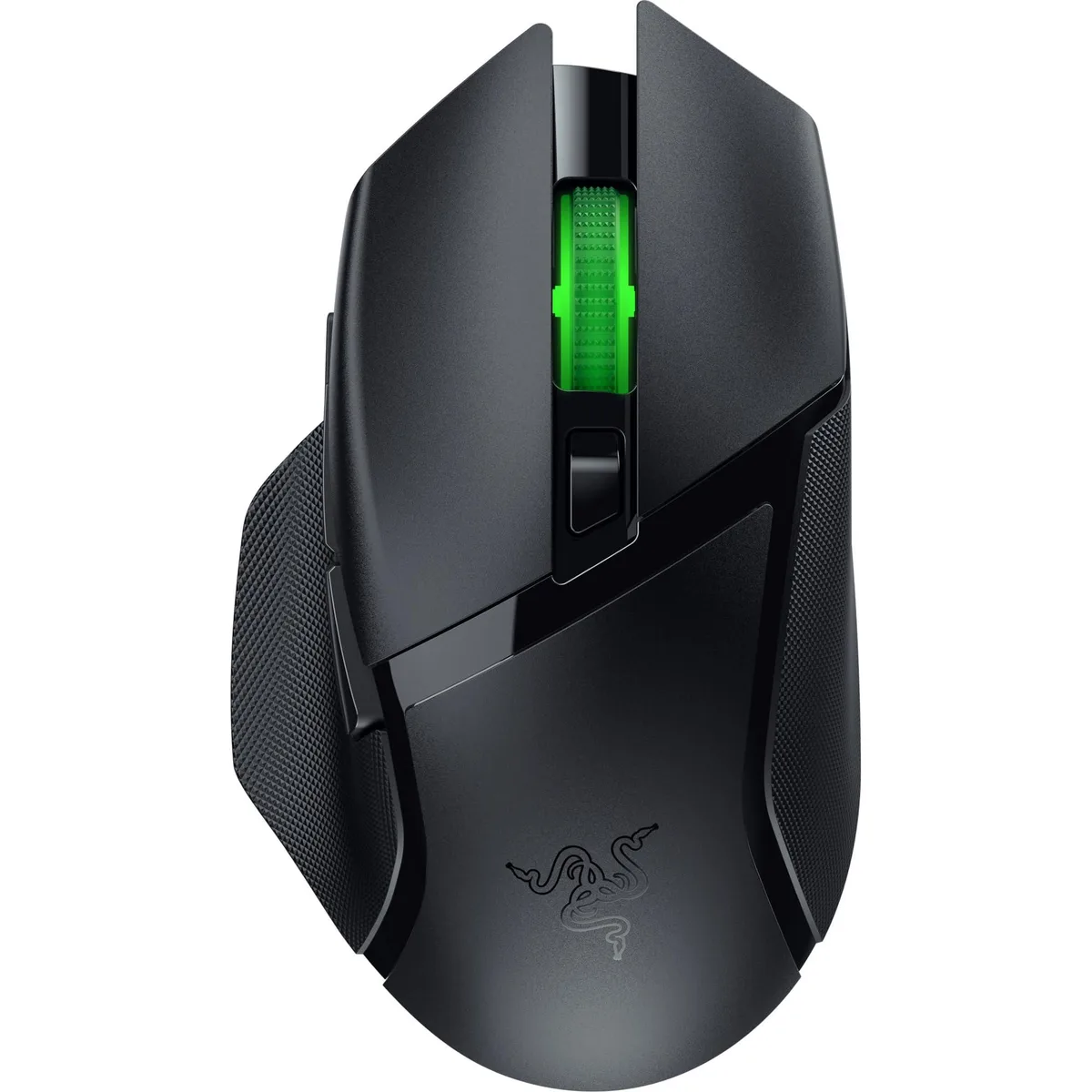 Right-handed black gaming mouse with textured side grip and RGB lighting, wireless USB dongle included