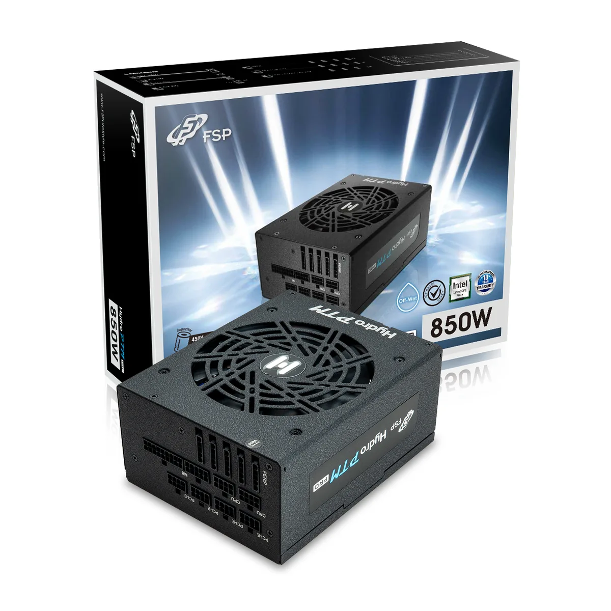 Rectangular black ATX power supply with modular cable ports and single cooling fan