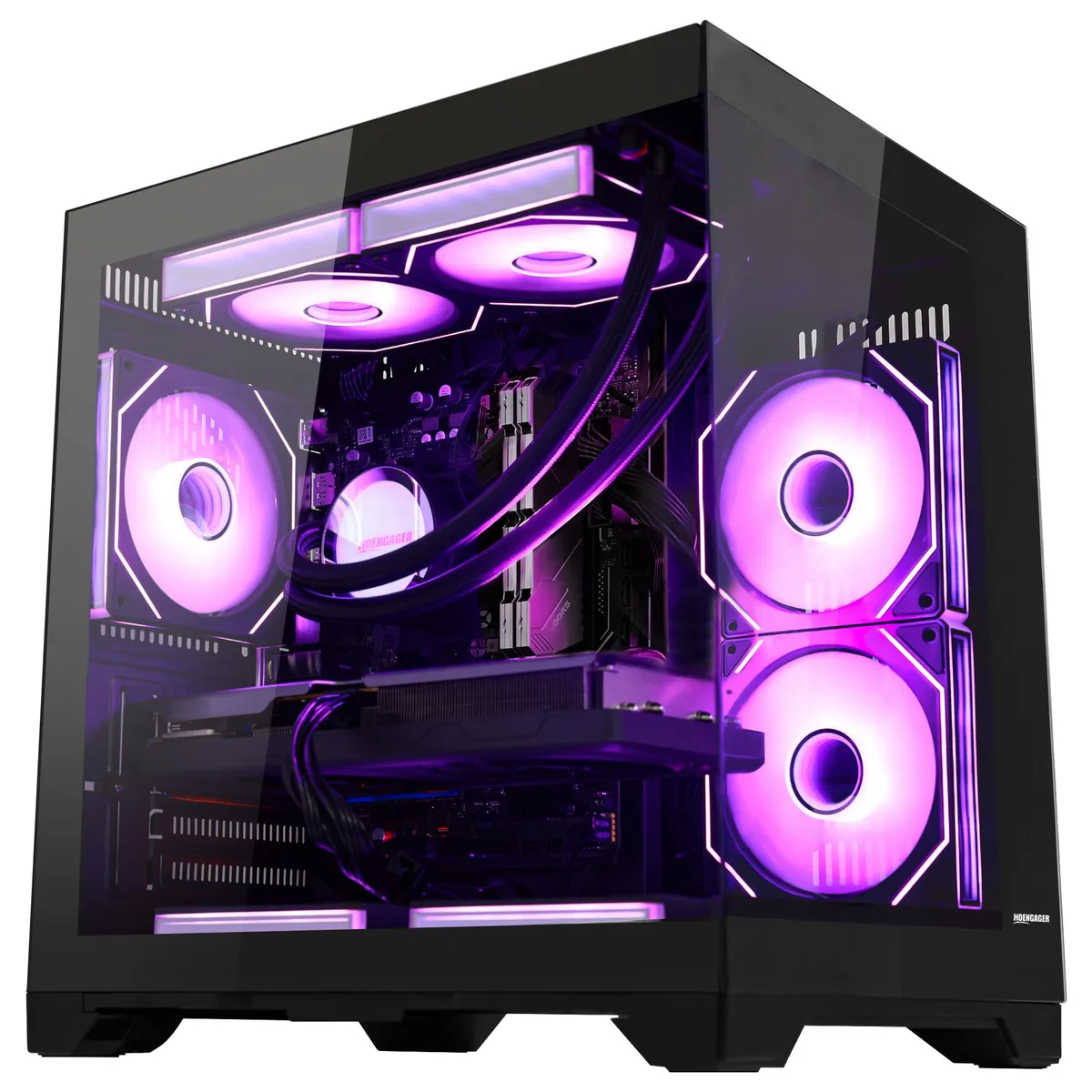 Mid-tower gaming desktop with liquid cooler and ARGB lighting