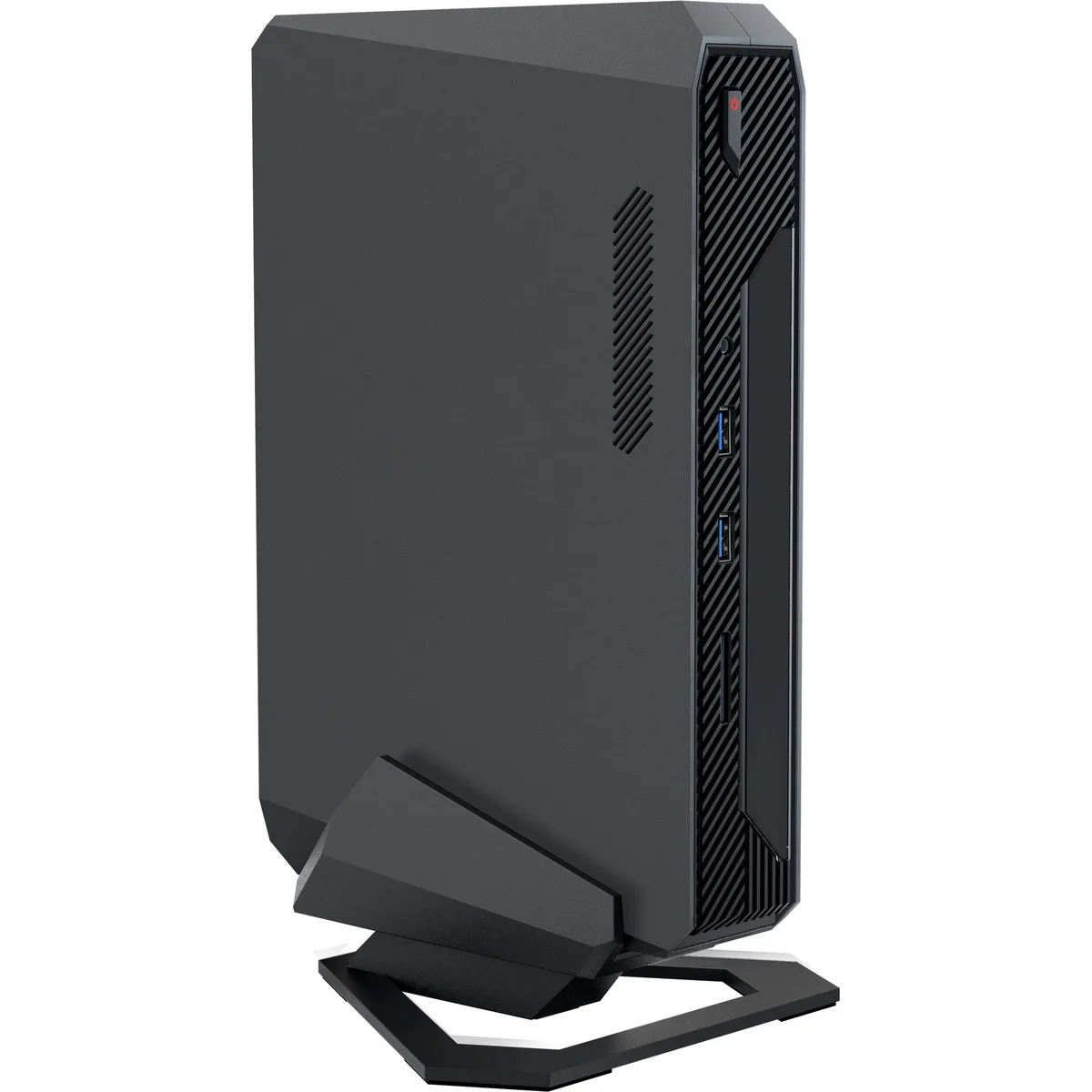 Black slim mini PC barebone with front ports and SD card reader