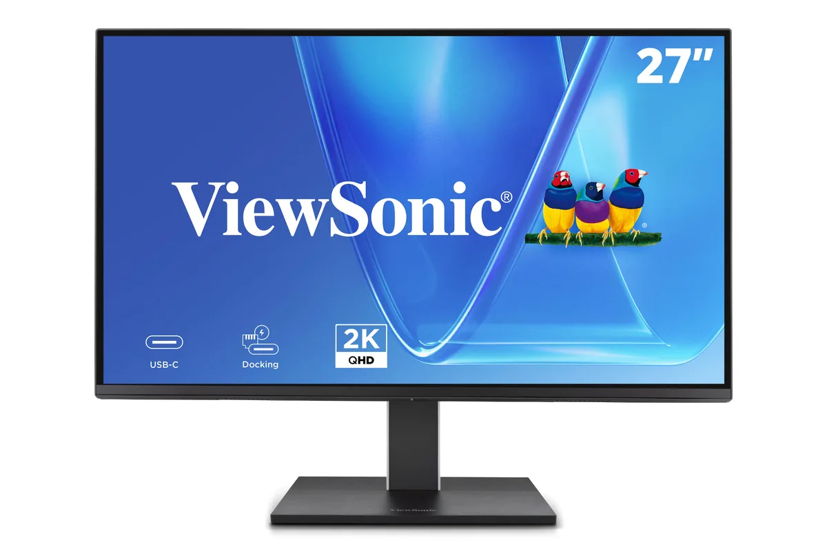Black 27-inch IPS monitor with thin bezels, ergonomic stand, USB-C and RJ45 ports
