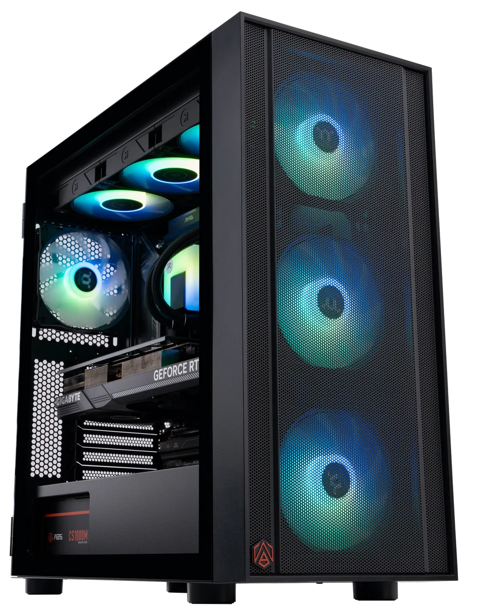 Black micro-tower gaming PC with 360 mm liquid cooler visible through side panel
