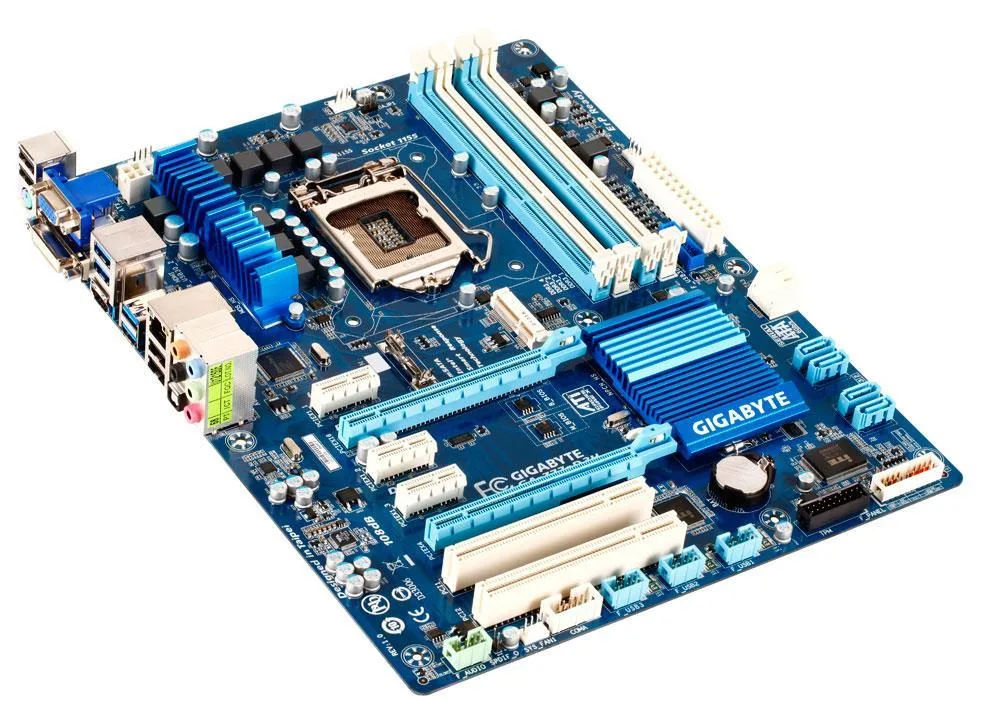 Rectangular ATX motherboard, dark PCB, silver sockets, no I/O shield
