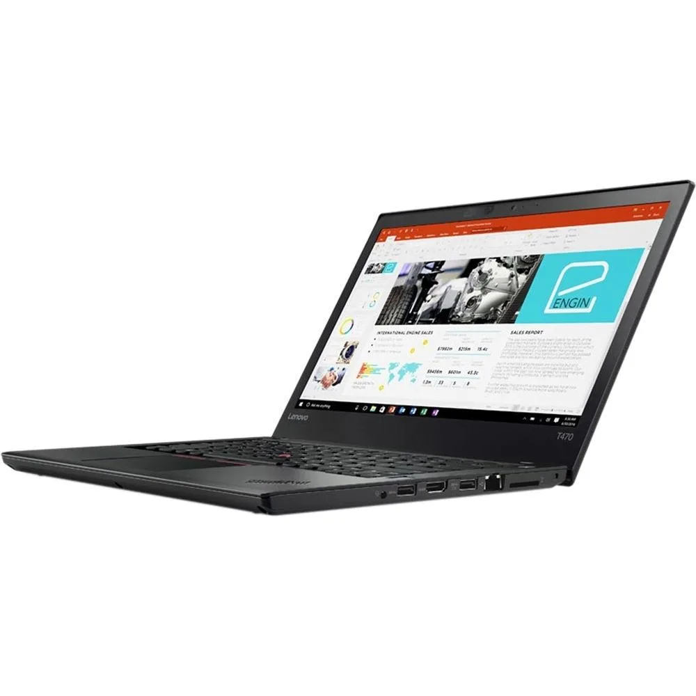 Black 14-inch ThinkPad T470s laptop with matte IPS display and spill-resistant keyboard