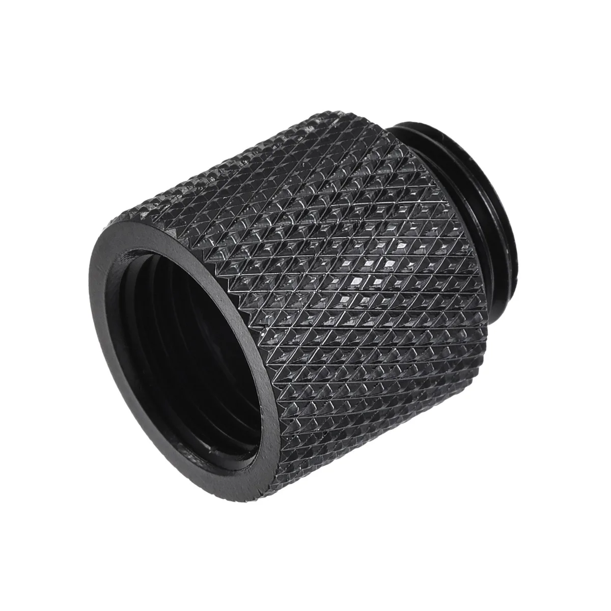 Black chrome-plated brass G1/4 extender fitting, 15 mm long, straight cylindrical form with knurled grip and visible silicone seal ring