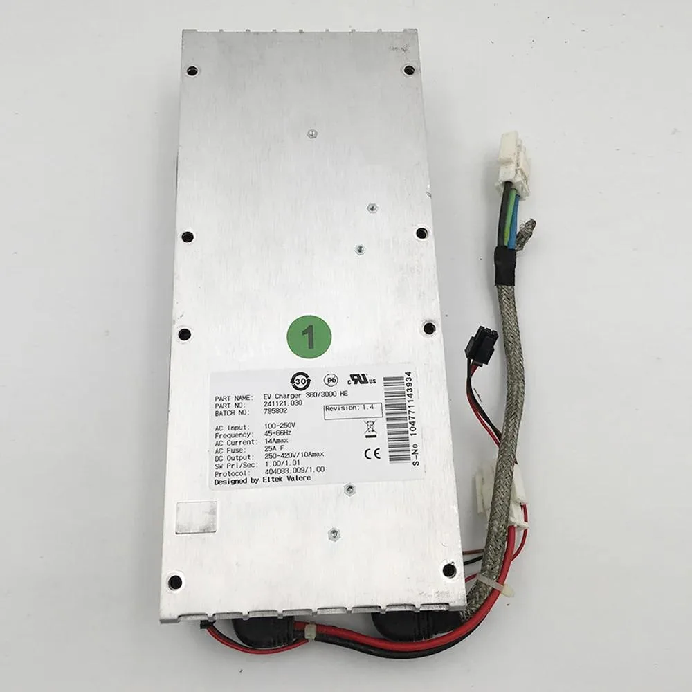 Rectangular silver power supply module with front label and connectors