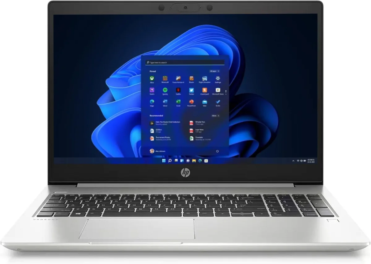 Silver 15.6 inch business laptop closed on white background